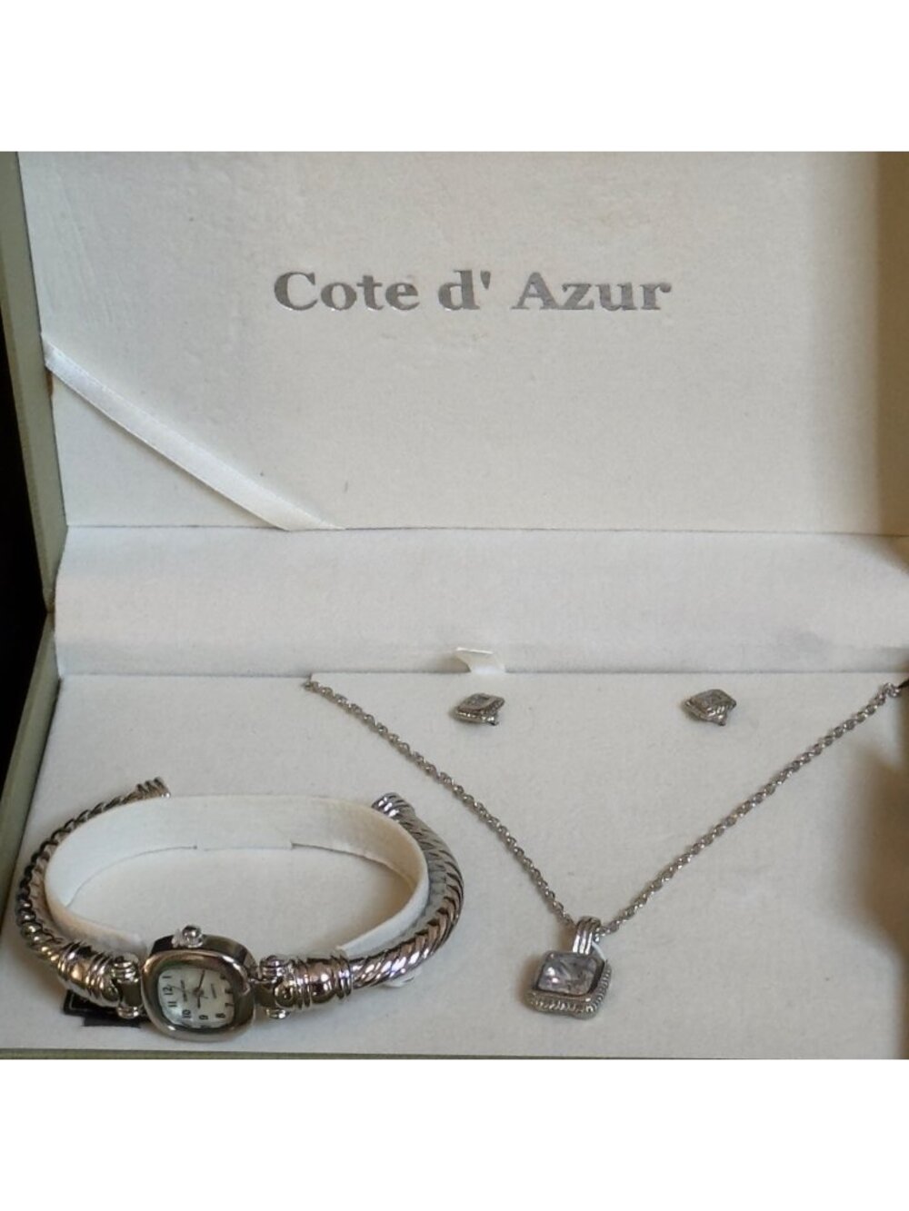 COTE D' AZUR Silver-Toned Jewelry Set Watch Necklace Earrings Clear Gemstones